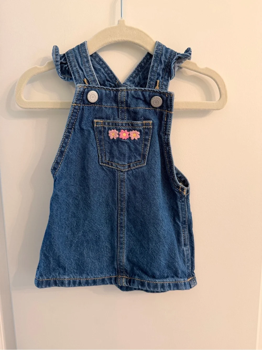 Old Navy Blue Denim Kids Overall Dress with Pink Flower Embroidery